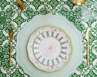 Light Green Faux Leather Placemat, Embroidered Scalloped Dining Mat