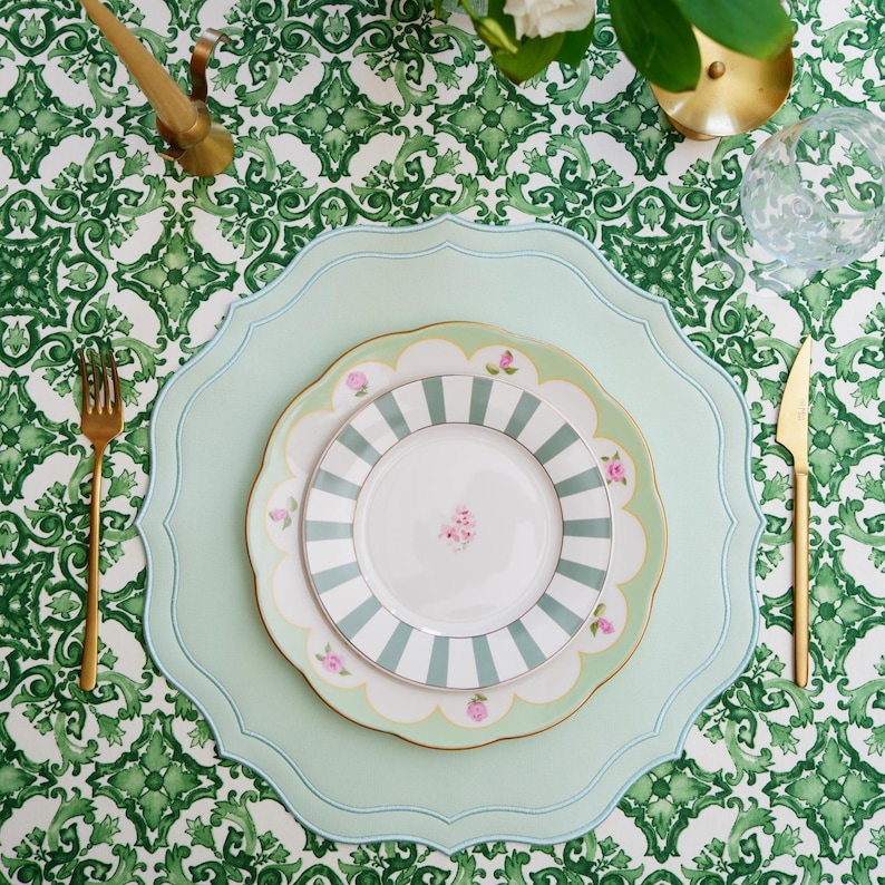 PNR Decor Orchid Light Green Handmade Faux Leather Placemat with Scalloped Edge – Luxury Table Setting with Elegant Plates and Gold Cutlery on Green Damask Tablecloth, Perfect for Wedding or Event Decor