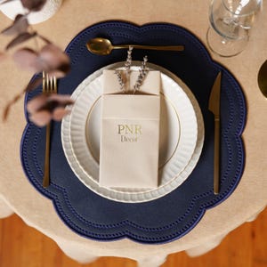 Nurture Navy Blue Handmade Faux Leather Placemat Scalloped Edge Waterproof Embroidered,Table Placemat for Dinning Table Mother Day Gift