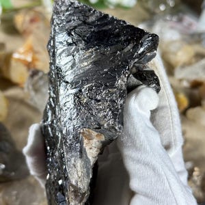 May include: A large, raw black crystal with a shiny, reflective surface. The crystal is held by a gloved hand, showcasing its rough texture and natural form. The crystal has a small section of lighter-colored material.