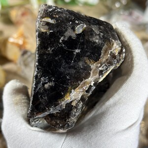 May include: A dark, irregularly shaped crystal with a glossy, reflective surface. The crystal has a deep black color with areas of lighter, translucent tones and some golden accents. The edges are rough and uneven, revealing the natural formation of the mineral.
