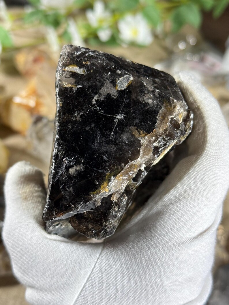May include: A dark, irregularly shaped crystal with a glossy, reflective surface. The crystal has a deep black color with areas of lighter, translucent tones and some golden accents. The edges are rough and uneven, revealing the natural formation of the mineral.