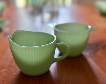 1950’s Jadeite Jane Ray Sugar Bowl and Creamer Set Vintage Fire King Oven Ware Green Glass Jadeite with Rays Anchor Hocking USA