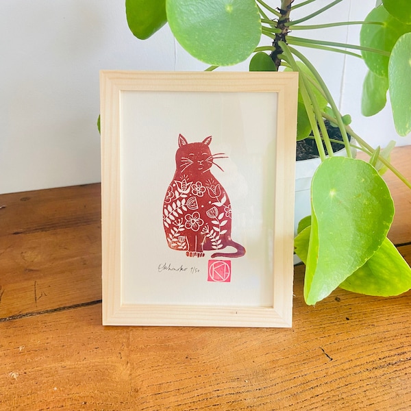 Linogravure Chat fleuri marron - Fleurs -Linoprint-Cadeau-Handmade-Art-Handprinted-illustration minimaliste