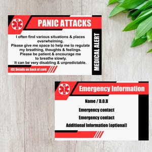 May include: Two medical alert cards. The top card reads "PANIC ATTACKS" with a description of symptoms and a request for space. The bottom card says "Emergency Information" with fields for name, contact details, and additional information.