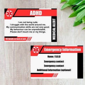 ADHD medical alert card - medical awareness card with emergency contact - ICE medical card