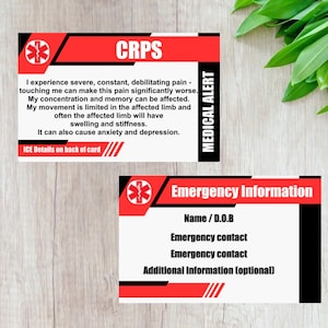 May include: A red and black medical alert card with the text "CRPS" and "MEDICAL ALERT". The card provides information about Complex Regional Pain Syndrome (CRPS) and includes a section for emergency contact details.