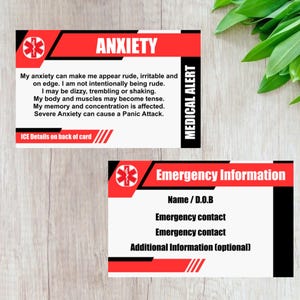 Anxiety medical alert card - medical awareness card with emergency contact - ICE medical card