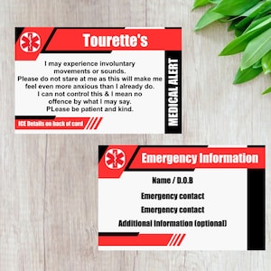 Tourette&#39;s medical alert card - medical awareness card with emergency contact - ICE medical card