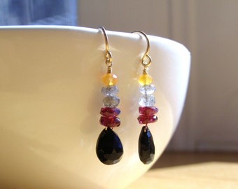 Labradorite, Garnet, Canelian and Black Spinel Earrings