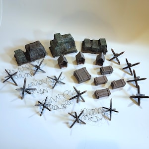 Trench wargame scatter terrain, Tank traps, Barbed wire, Wood crates, Trench crusade shrines,  Trench crusade scatter, ww1 scatter terrain
