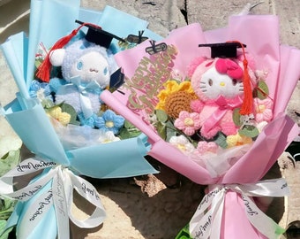 Ramo de Sanrio Hello Kitty con sombrero de graduación y "etiqueta de graduación feliz", flores de graduación de Hello Kitty, ramo de graduación de Sanrio