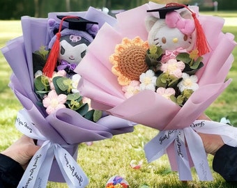 Bouquet Hello Kitty Sanrio con cappello da laurea e girasole, fiori Hello kitty, laurea Kuromi Kawaii, bouquet di laurea Sanrio