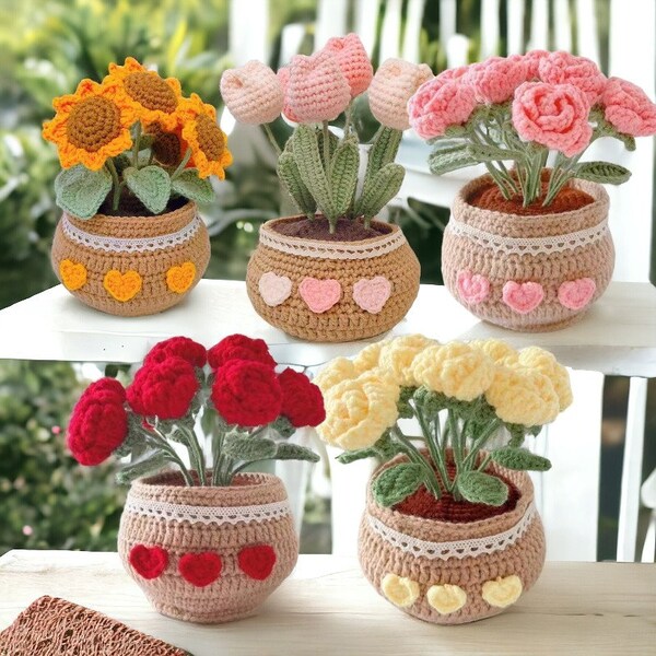 Crochet Flower in the Pot, Perfect Mother's Day Gift, Crochet Flower Decoration, Crochet Flower Decor, Rose, Tulip. Sunflower. Daisy Pot,