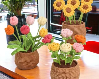 Crochet Flower in the Pot, Crochet Flower Decoration, Crochet Flower Decor, Rose, Tulip. Sunflower. Daisy Pot, Mother's Day Gift, Gift