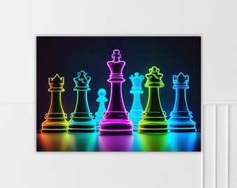 Brighten Up Your Space with Neon Chess Canvas Art | Perfect for Living Room, Office, Bedroom