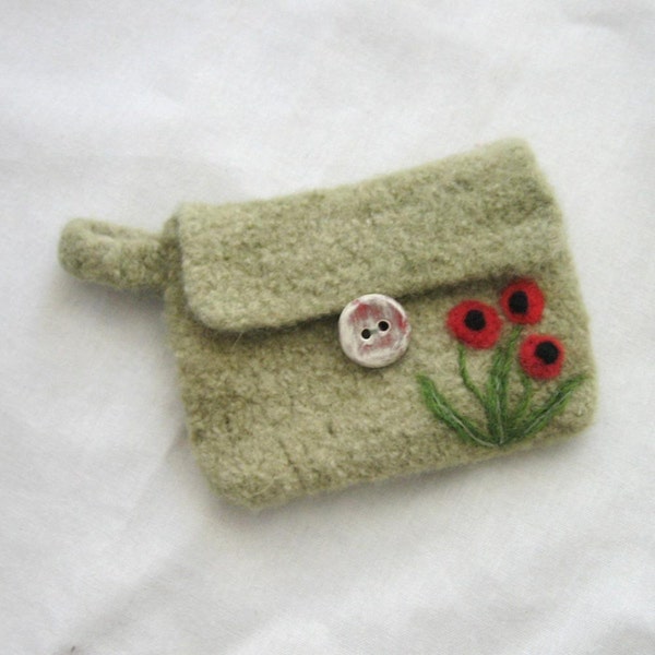Celery Felted Pouch with Poppies