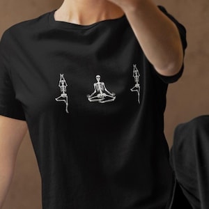 Funny Skeleton Yoga Apparel, Spooky Emo Goth Theme Design Tshirt, Gift for Yogi, Halloween Tee, Whimsigoth Shirt, Unisex Short Sleeve Tee