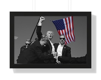 Trump Assasination Attempt black and white Framed Poster Print Ready to Hang Fist in Air Fight Fight Fight inaugeration photo