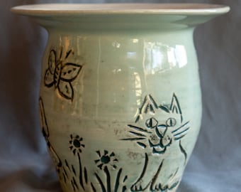 Green Cat, Bunny, Dog, & Butterfly Nature Scene Ceramic Vase, Stoneware Vessel, Handmade in WI, USA