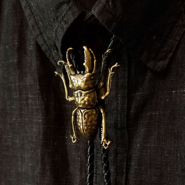 STAG - Big Bad Beetle Bolos - Brass Insect Bolo Tie Gift for Men Nature Jewelry Gifts Unique Creepy Accessories for Women Bug Necklace Gold