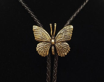 MARIPOSA - Bolos de escarabajo grande - Corbata bolo de latón con forma de insecto, regalo para hombre, joyería de insectos, collar de mariposa para mujer, bolo de cuero, naturaleza, insecto dorado