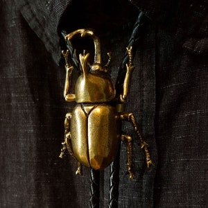 JAPANESE RHINOCEROS - Big Bad Beetle Bolos - Brass Insect Bolo Tie Men Gift Statement Piece Bug Fashion Gold Beetle Women Accessories Nature