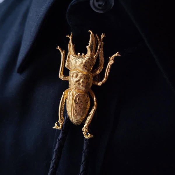GOLD STAG - Big Bad Beetle Bolos - Cravatta a forma di insetto in oro, regalo per uomo, gioielli naturali, accessori unici per donna, collana di insetti