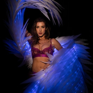 May include: A woman wearing a pink bra and a white feathered costume with blue LED lights. The costume is shaped like wings and is flowing behind her.