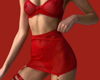 Ensemble de lingerie rouge soutien-gorge et culotte sous-vêtements Lingerie transparente Ensemble de lingerie en maille Voir à travers les sous-vêtements Lingerie à travers les sous-vêtements mignons