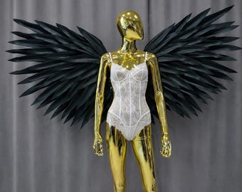 Black Angel Wings Costume Gothic Feathered Cosplay Accessories Festival Rave Performance Outfit
