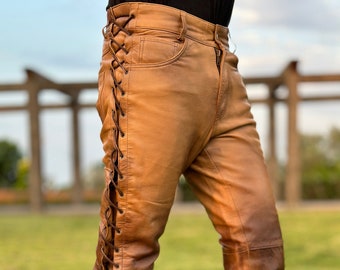 Handmade Brown Waxed Leather Side Laces Style Slim Fit Biker Pant, Brown Distressed Leather Motorcycle Pant