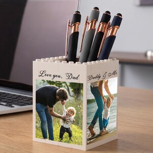 Gepersonaliseerde pennenhouder met foto van papa en mij, bouwblokken voor pennen, pennenbakje met foto op maat, cadeau voor papa