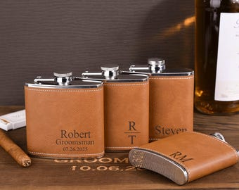 Groomsmen Flask Set,Engraved Flask for Men,Leather Hip Flask,Personalized Flask for Groomsmen,Custom Flask Set,Leather Flask,Bachelor Party