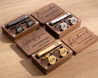 Personalized Cufflinks and Tie Clip Set, Engraved Wood Box