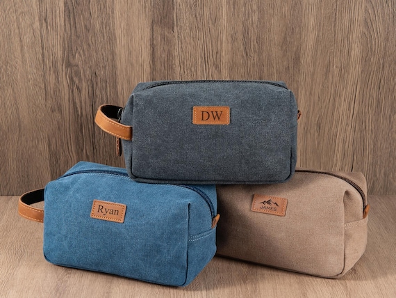 Personalized Men Canvas Toiletry Bag, Custom Engraved Leather Dopp Kit, Birthday Anniversary Gift for Him, Travel Beach Bag, Men Daily Bag