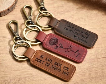 Aangepaste gegraveerde leren sleutelhanger, gepersonaliseerd cadeau voor hem, verjaardagscadeau, kerstcadeau vriendje, sleutelhanger met monogram, Drive Safe-sleutelhanger