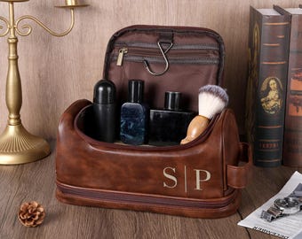 Personalized Mens Leather Toiletry Bag, Custom Engraved Business Travel Dopp Kit, PU Leather Office Trip Wash Bag, Corporate Employee Gift