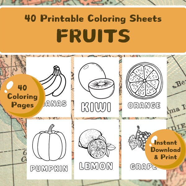 40 Fruits with Names Coloring Pages for Kids Learning Materials for Home School Kindergarten Preschool Instant Download Printable PDF