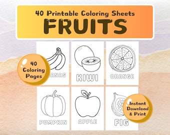 40 páginas para colorear de frutas con nombres para niños, materiales de aprendizaje para el hogar, escuela, jardín de infantes, preescolar, descarga instantánea, PDF imprimible