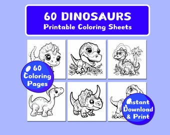 60 páginas para colorear de dinosaurios para niños, adultos, libro para colorear para el hogar, escuela, jardín de infantes, preescolar, descarga instantánea, PDF imprimible