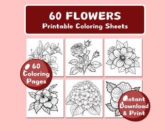 60 páginas para colorear de flores para niños, adultos, actividad para colorear, hogar, escuela, jardín de infantes, preescolar, descarga instantánea, libros para colorear en PDF imprimibles