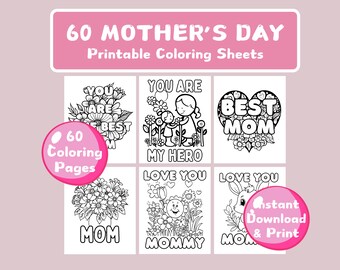 60 páginas para colorear del día de la madre para niños, libros para colorear, materiales de aprendizaje para el hogar, escuela, jardín de infantes, preescolar, descarga instantánea, PDF imprimible