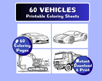 60 páginas para colorear de vehículos para niños y adultos, libro para colorear para el hogar, escuela, jardín de infantes, preescolar, descarga instantánea, PDF imprimible