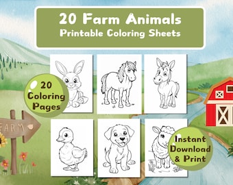 20 lindas páginas para colorear de animales de granja para niños, niños pequeños, preescolares, libro para colorear para el hogar, escuela, jardín de infantes, preescolar, descarga instantánea