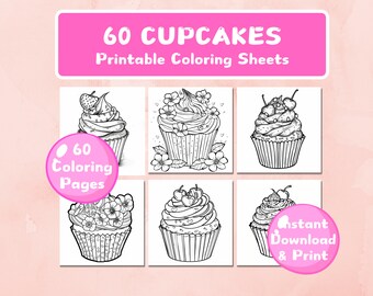 60 páginas para colorear de cupcakes para niños, adultos, libros para colorear y materiales de aprendizaje para el hogar, escuela, jardín de infantes, preescolar, descarga instantánea