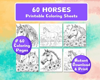 60 páginas para colorear de caballos para niños, adultos, actividades para colorear y materiales de aprendizaje para el hogar, escuela, preescolar, descarga instantánea, PDF imprimible