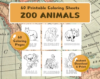 60 páginas para colorear de animales del zoológico con nombres para niños, materiales de aprendizaje para el hogar, escuela, jardín de infantes, preescolar, descarga instantánea, PDF imprimible