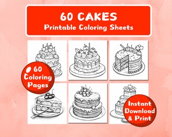 60 páginas para colorear de pasteles para niños, adultos, libros para colorear y materiales de aprendizaje para el hogar, la escuela, el jardín de infantes, descarga instantánea para imprimir