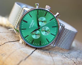 Men's Personalized Watch | Handwriting Engraved | Motivator | Green Face | Silver Strap | Handcrafted Gift